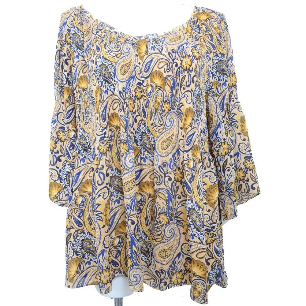 Ninety Clothing Co PLUS 1X Blue Mustard Paisley Bell Sleeve Boho Blouse Tunic